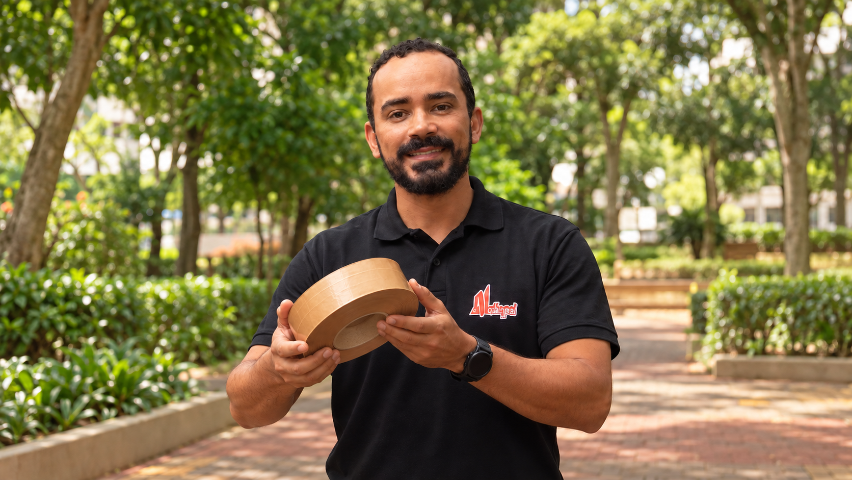 Profissional Nathypel apresenta um rolo de fita gomada